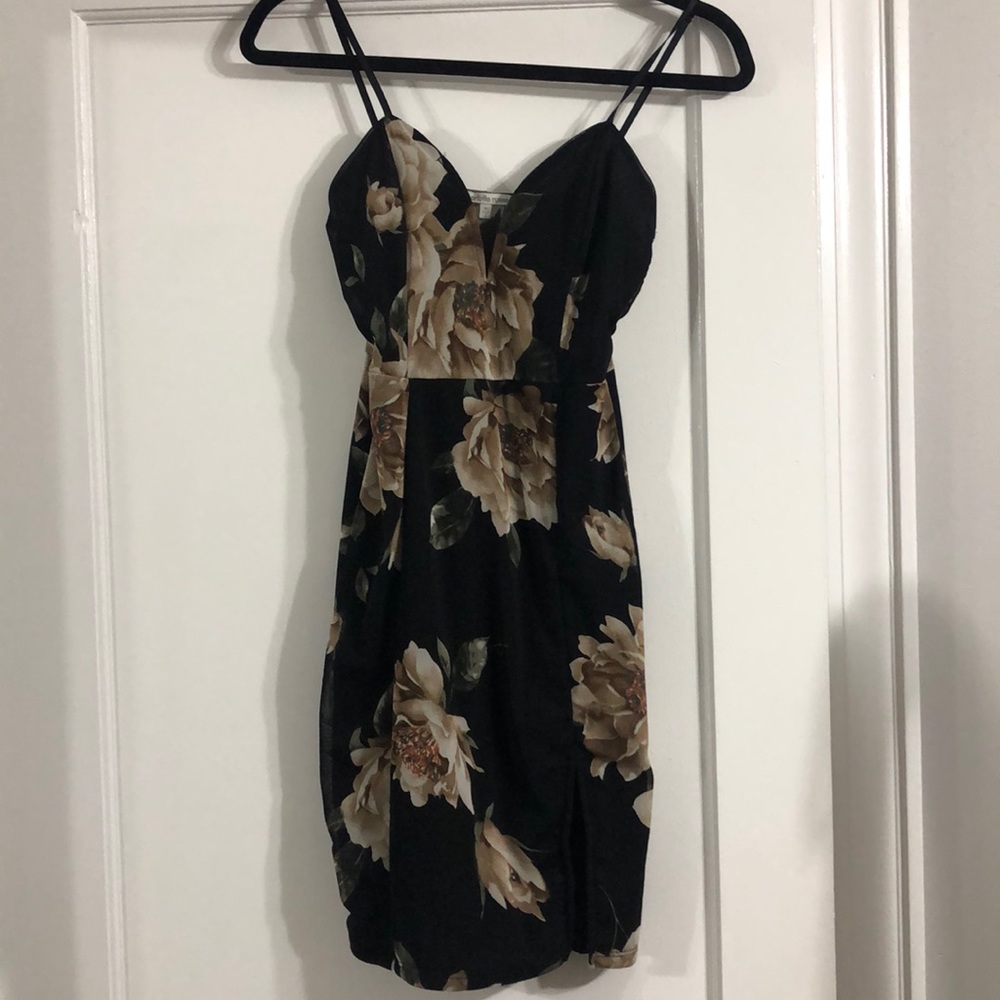 Black floral mini dress with small slit